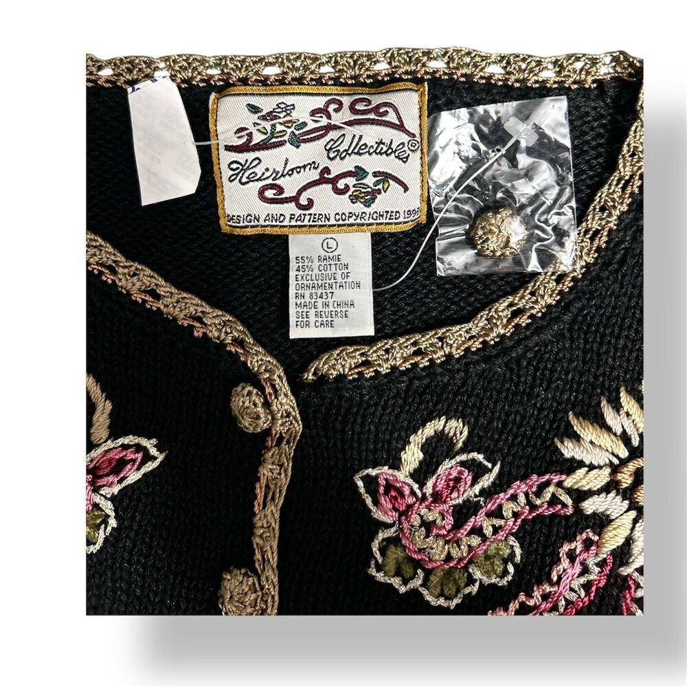 Heirloom Collectibles L Black‎ Floral Embroidered Cardigan Boho Cottage Y2K NWT - Picture 6 of 7